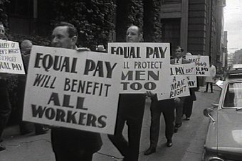 Men demonstrating in favour of equal pay outside the Arbitration Commission in 1969