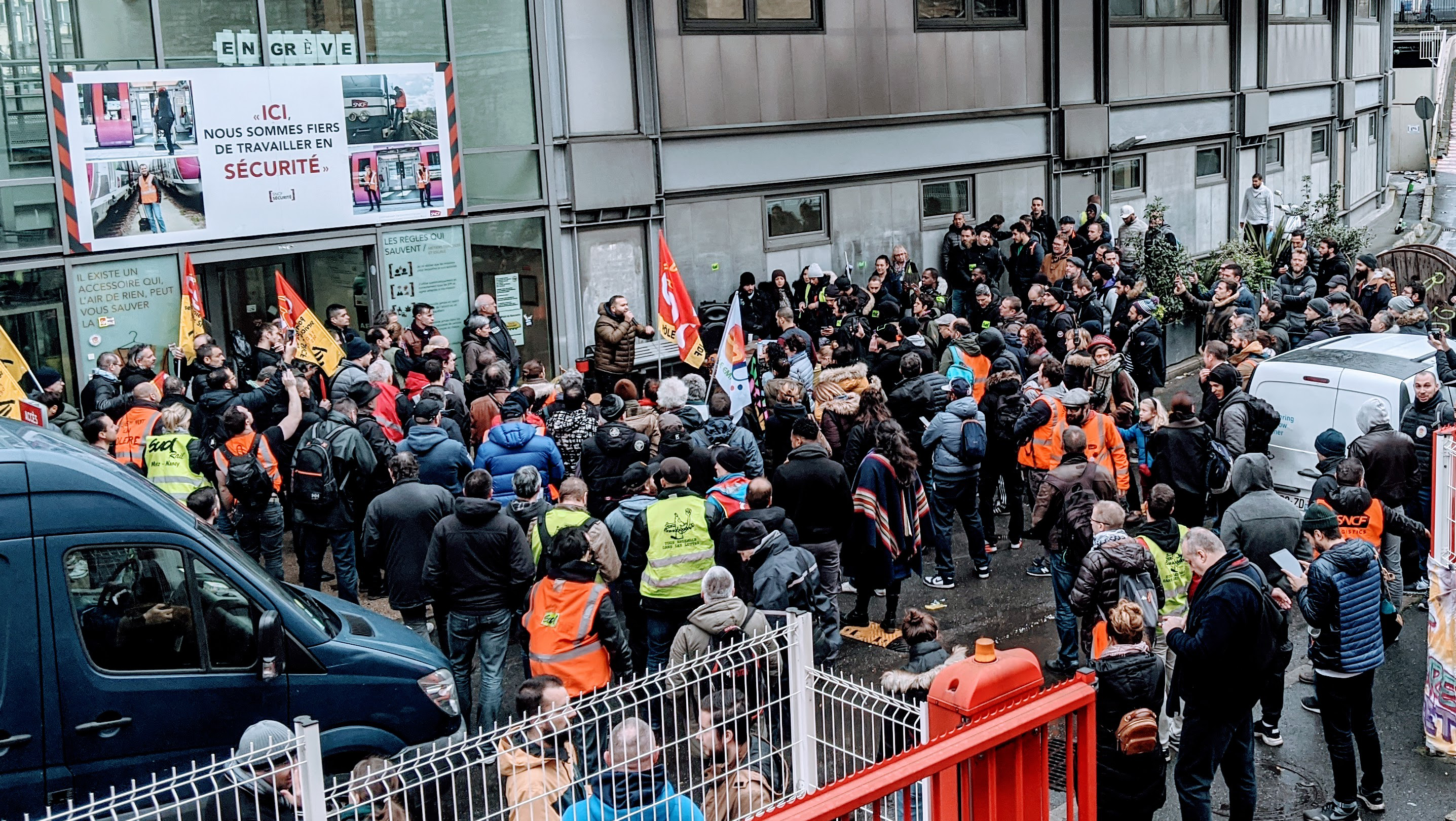 A meeting of striking railworkers at Gare du Nord, Paris, January 9.