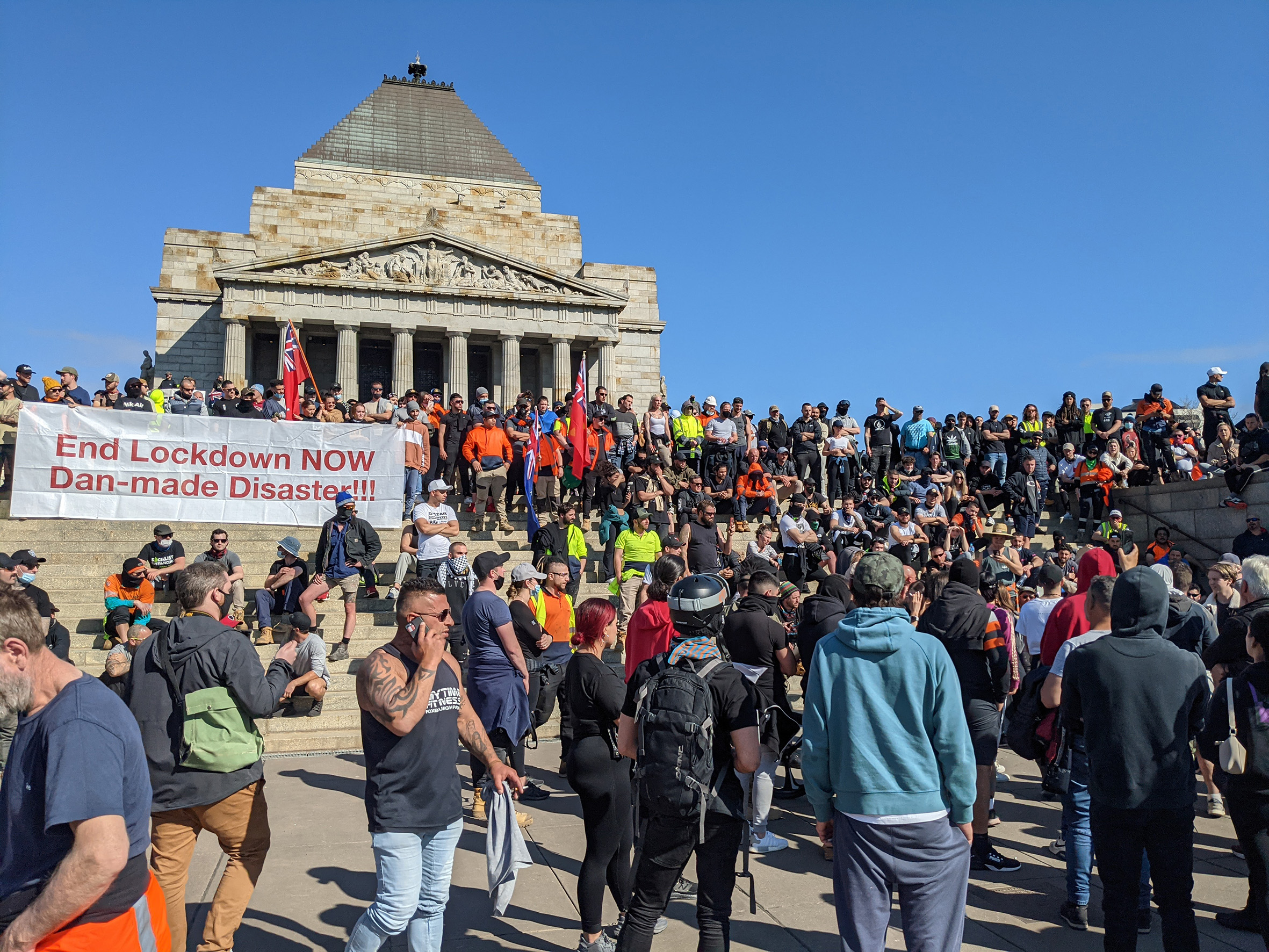 The protesters occupy the Shrine of Remembrance