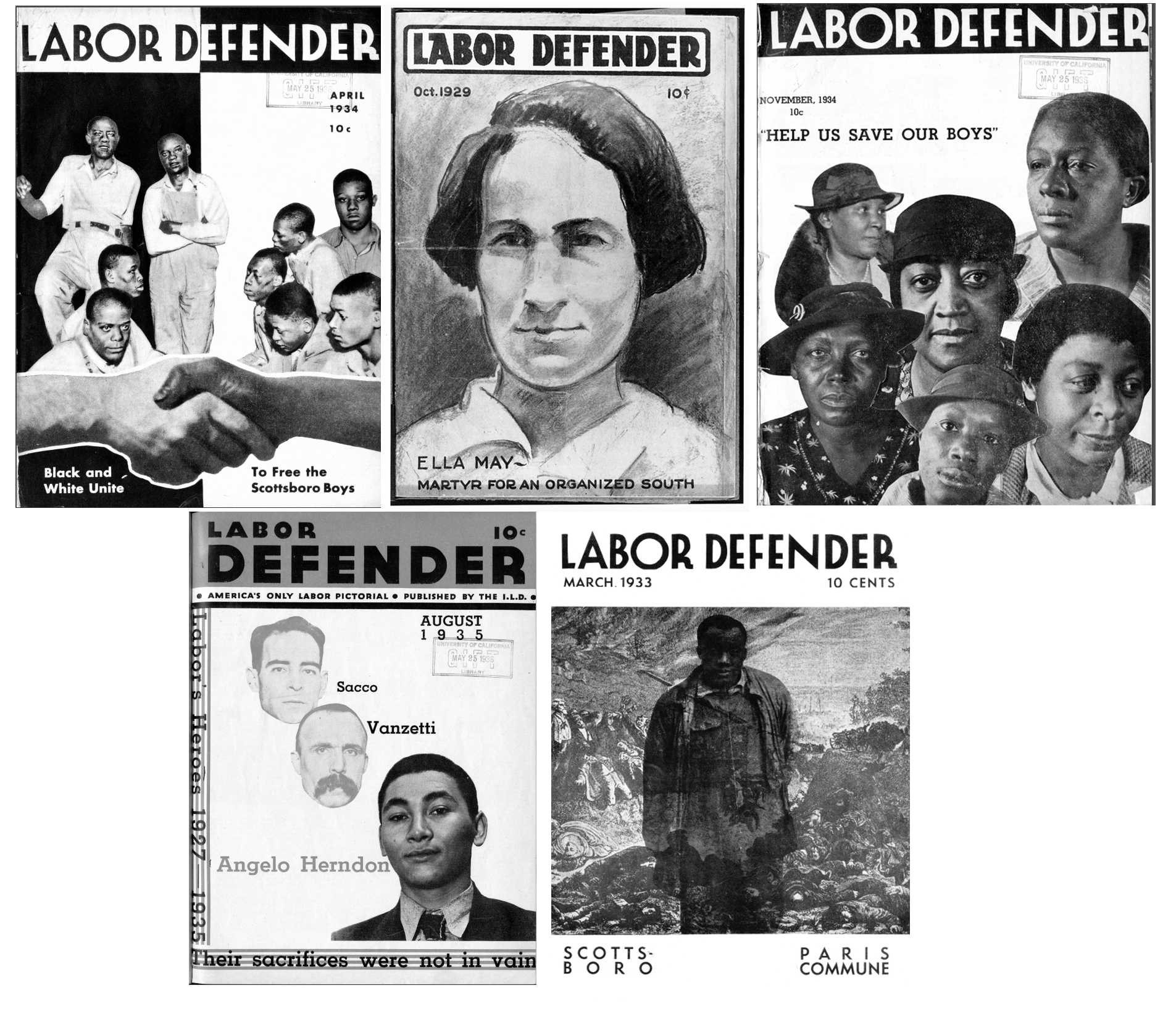 Various Depression-era covers of Labor Defender, publication of the ILD. (Illustrations: Marxists Internet Archive)