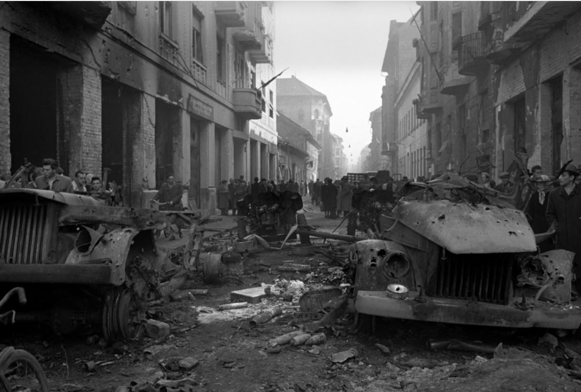 Destroyed armoured cars in Budapest