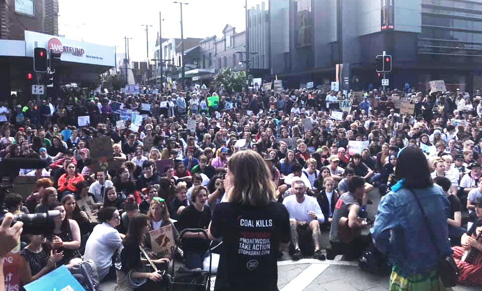 A sit-in of an intersection at Wollongong's climate strike, September 20, 2019. PHOTO: Jasmine Duff