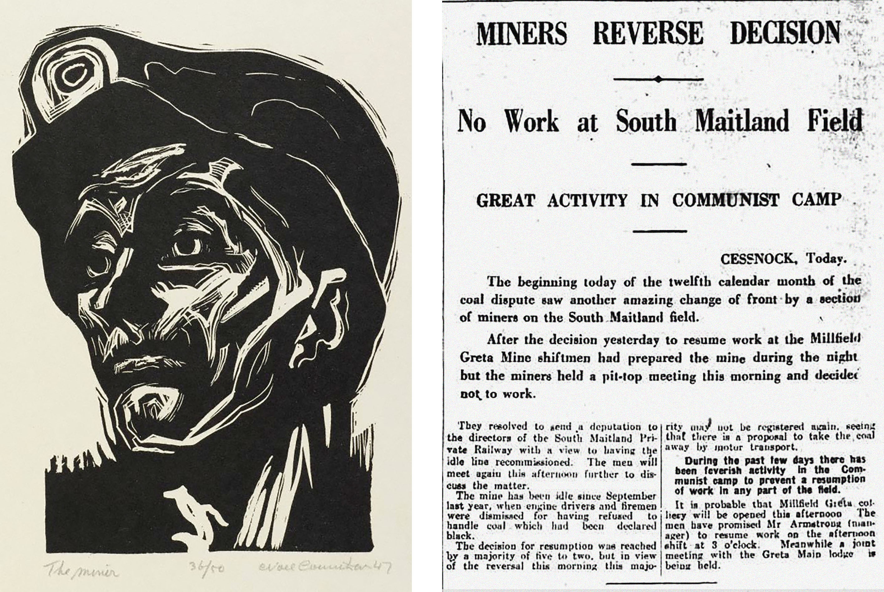 A print titled 'The Miner' (1947) by Communist Party member and artist Noel Counihan and a newspaper report on a communist-led strike in the Hunter Valley in 1930