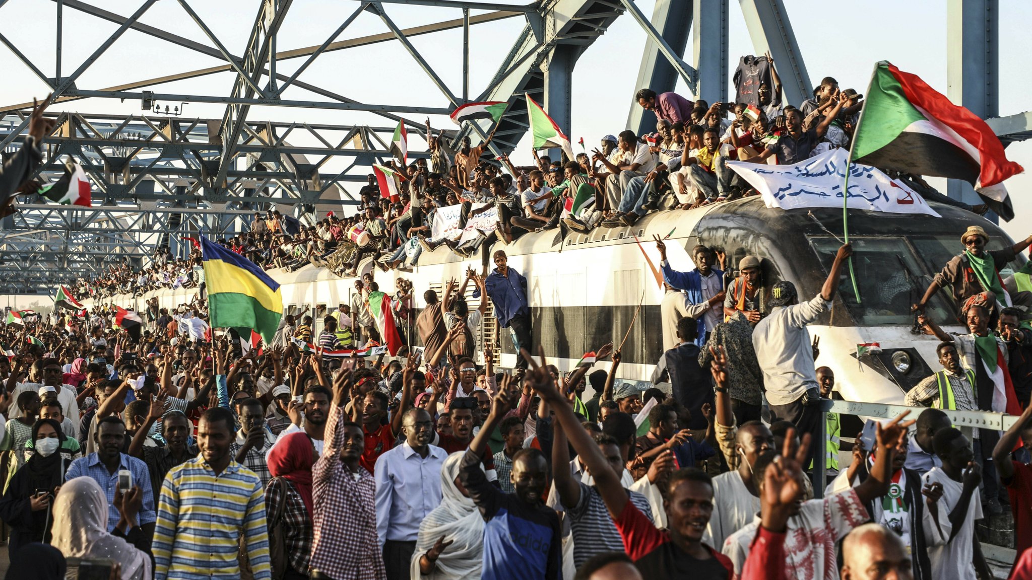 The "revolution train" enters the city of Khartoum, Sudan, April 2019.